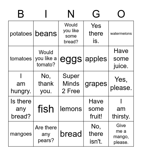 Super Minds Book 2, Unit 4 Bingo Card