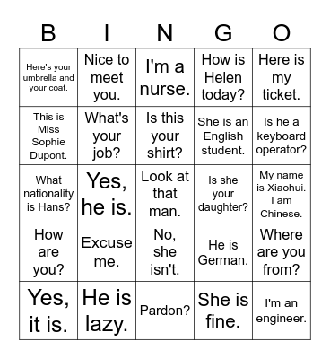 NCE 1 Lesson 1-10 Bingo Card