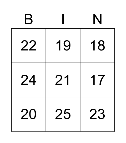 17-25 Number Bingo Card