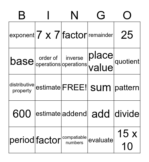 Go Math! Grade 5 Bingo Card
