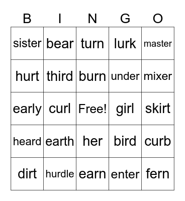 ear, ir, ur, er Bingo Card