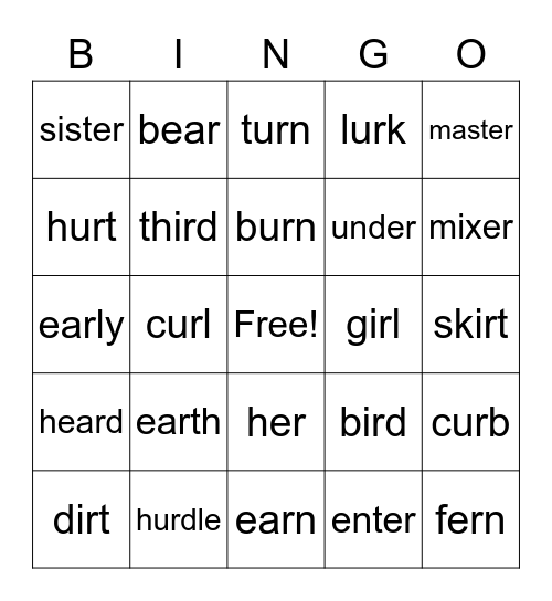 ear, ir, ur, er Bingo Card
