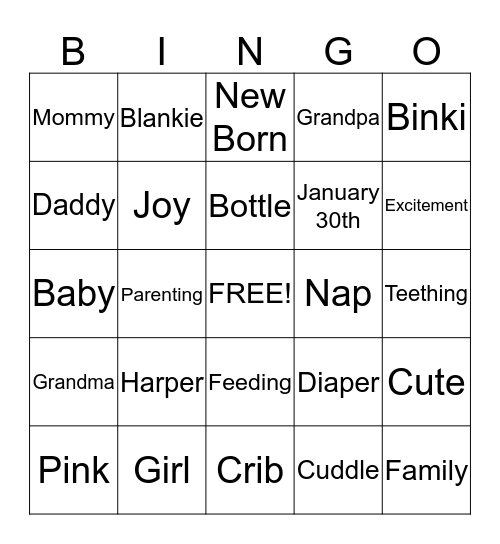 Whitney's baby Shower Bingo Card