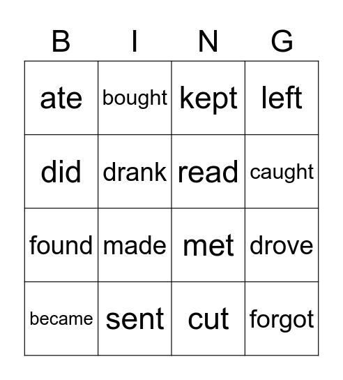 The past simple Bingo Card