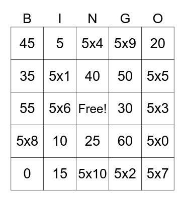 Multiplication Facts 5's Bingo Card