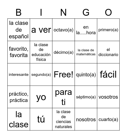 Vocabulario 2A Bingo Card