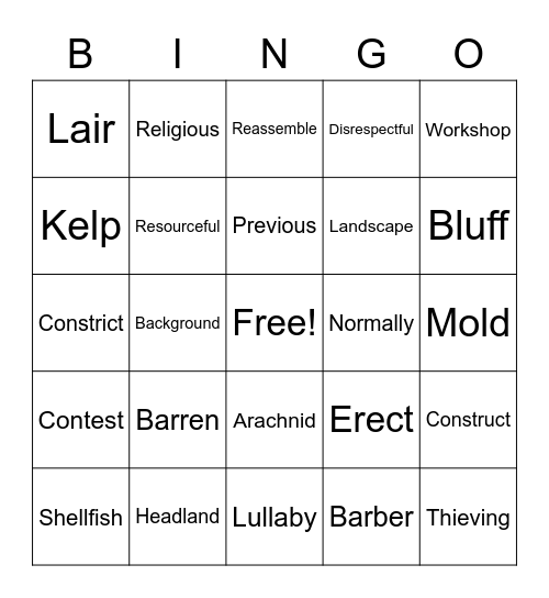 Reading Vocabulary Bingo Card