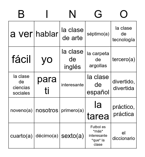 Vocabulario 2A Bingo Card