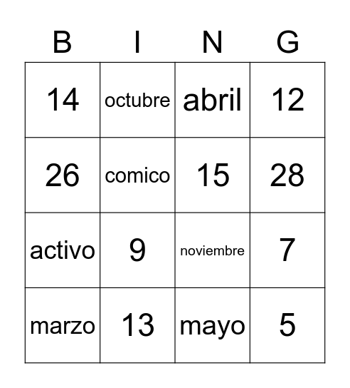Vocabulario 2B Bingo Card