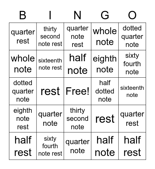Notes in Music Bingo Card