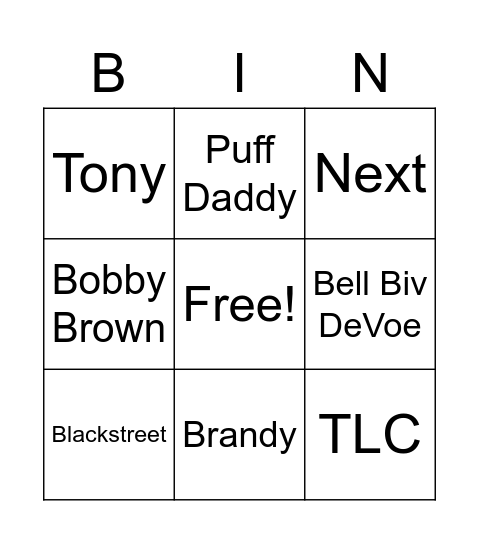 90's Music Bingo Card