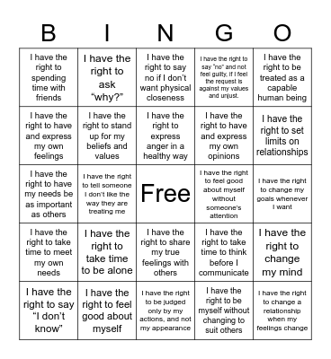 Relationship Rights Bingo Card
