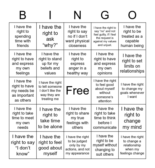 Relationship Rights Bingo Card