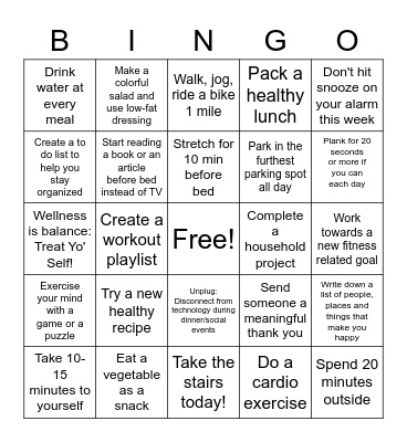Pizza Hut Wellness Challenge Board 2 Bingo Card