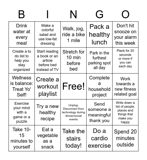 Pizza Hut Wellness Challenge Board 2 Bingo Card