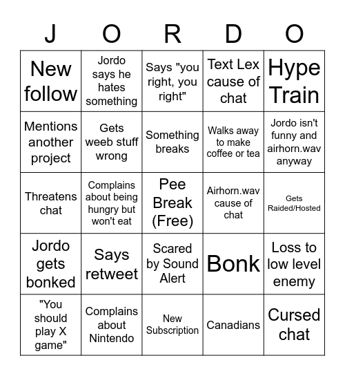 Jordo Bingo Card
