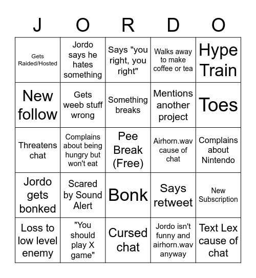 Jordo Bingo Card