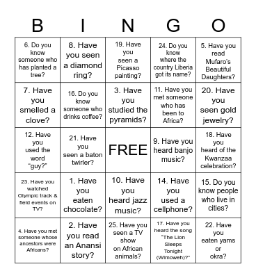 Bingo! U.S. - Africa Connections Bingo Card