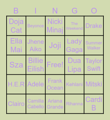 Music Artists Bingo Card