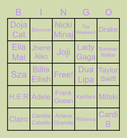 Music Artists Bingo Card