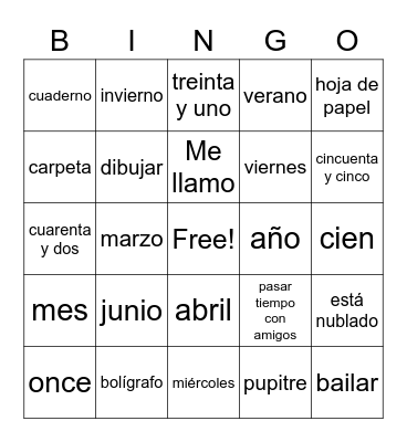 Beginning Spanish Review Bingo Card