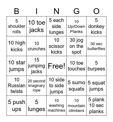 Physical Education (PE) Bingo Card
