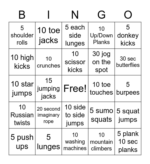 Physical Education (PE) Bingo Card