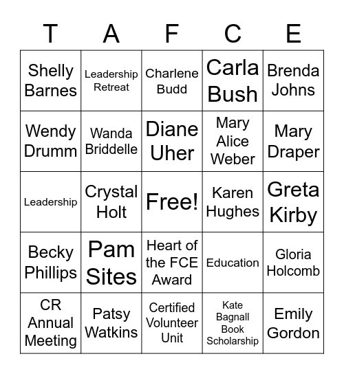 TAFCE Bingo Card