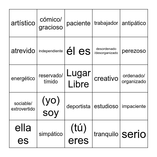 1.5 Adjetivos de Personalidad Bingo Card
