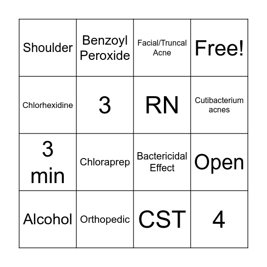 Benzoyl Peroxide In-Service Bingo Card