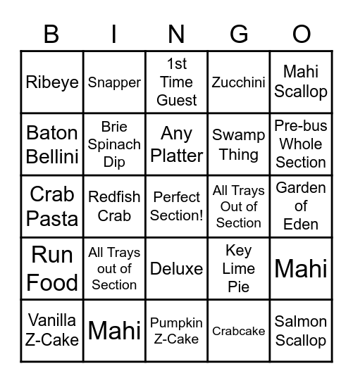 Pappas Seafood Bingo Card
