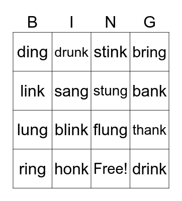 -ng, -nk welded sounds Bingo Card