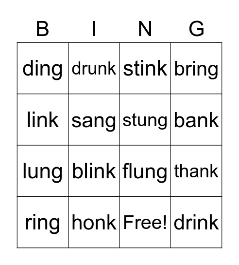 -ng, -nk welded sounds Bingo Card