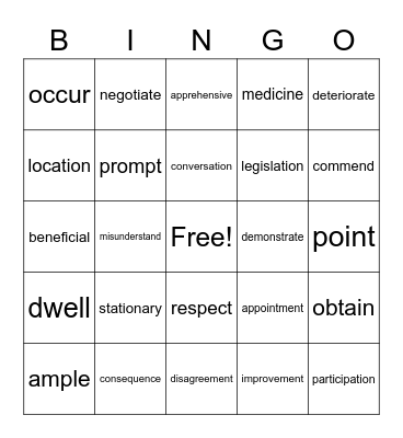 Vocabulary Words Week of November 2nd Bingo Card