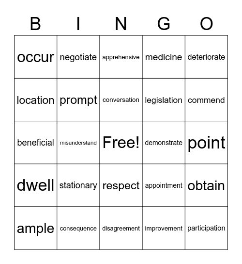Vocabulary Words Week of November 2nd Bingo Card