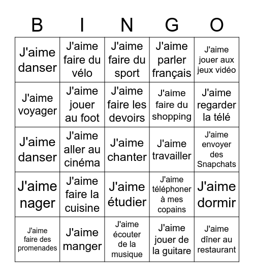 J'aime Bingo Card