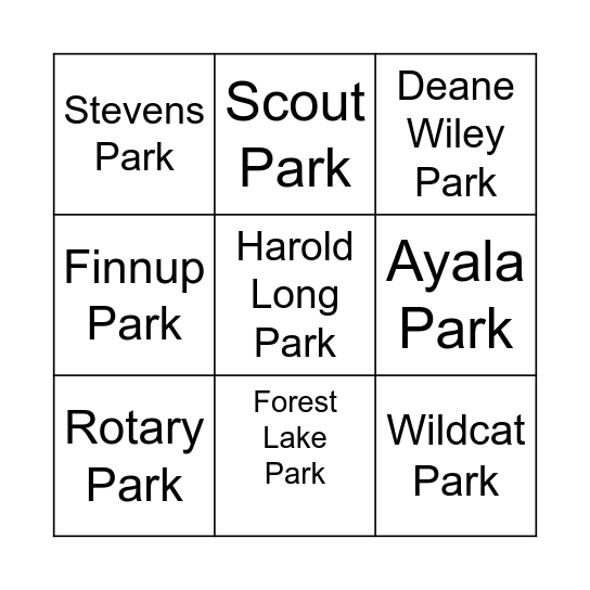 Garden City Parks Bingo Card