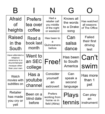 Icebreaker Bingo Card