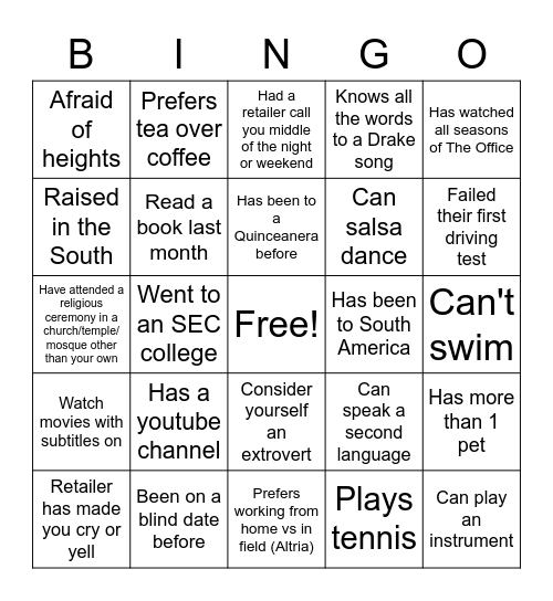 Icebreaker Bingo Card