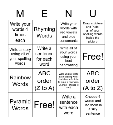 Spelling Menu Bingo Card
