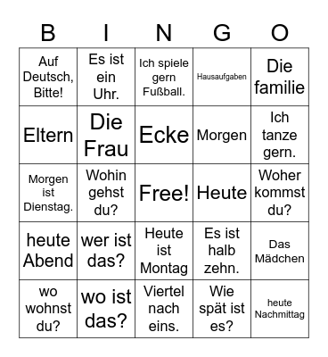 Deutsch Vocabulary Bingo Card