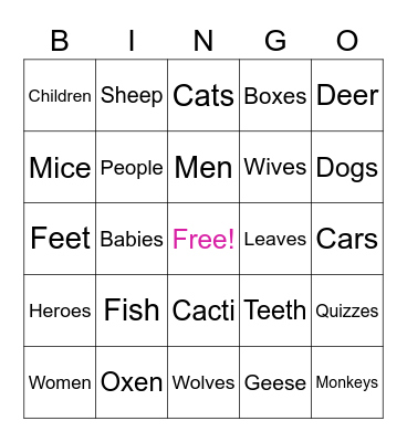 Plural Noun Bingo Card