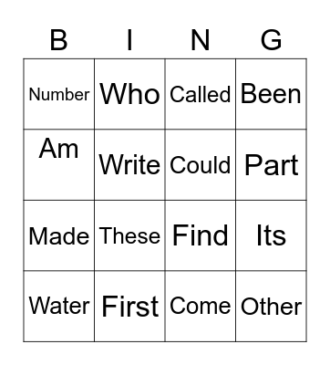 Sight Words Bingo Card