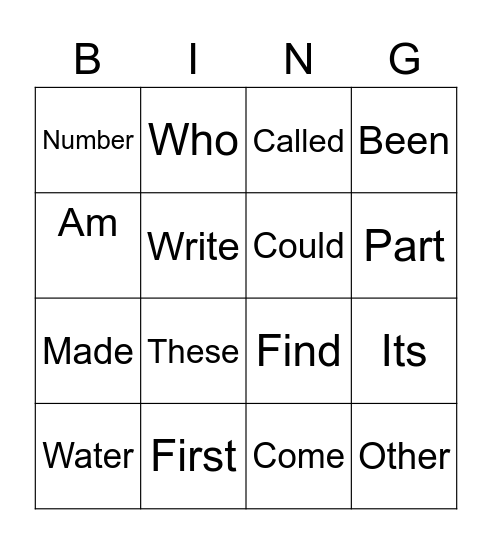 Sight Words Bingo Card