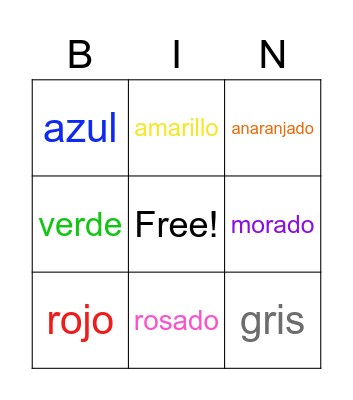 Colors Bingo Card