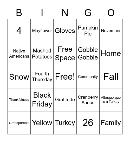 Thanksgiving Bingo Card