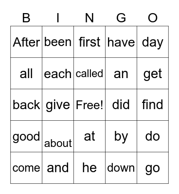 High Frequency Words Bingo Card