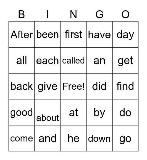 High Frequency Words Bingo Card