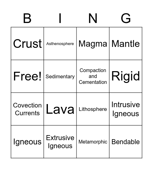Rock Cycle/Layers Review Bingo Card