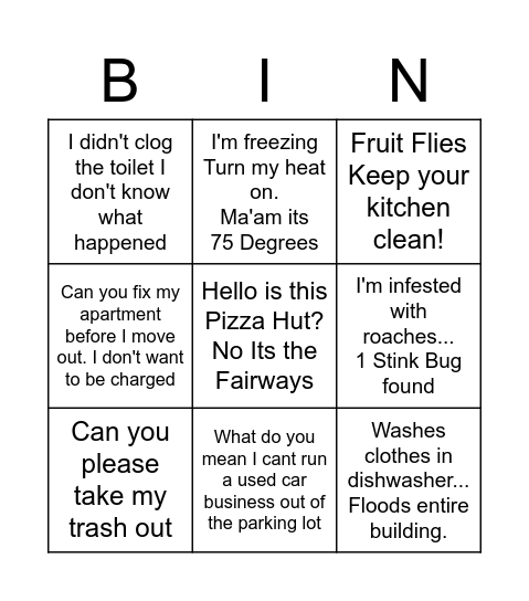 Maintenance Bingo Card